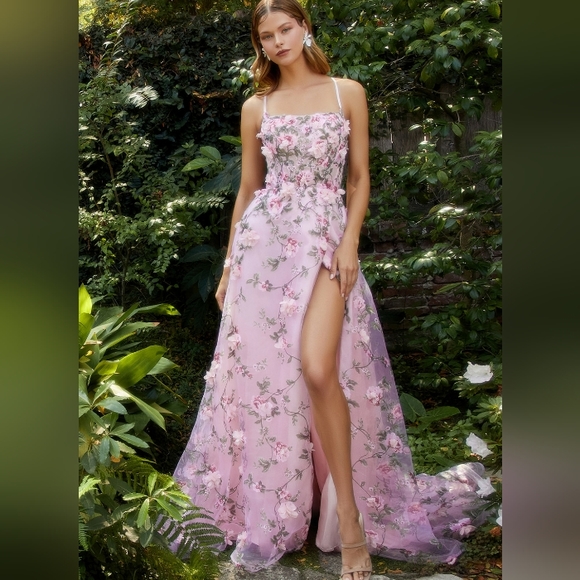 Pink,blue,blush, yellow floral long floor length a line lace up open back dress - Picture 2 of 10